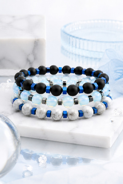 Sortie Aksesuar Erkek 3'lü Doğal Taş Bileklik Kombin Seti - Mat Oniks, Lapis Lazuli ve Buzlu Quartz Mavi Hematit Detaylı Unisex Premium Boncuk Bileklik