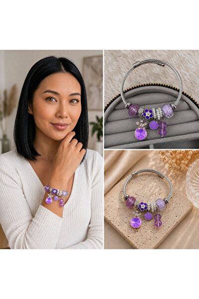 FM 💎   Premium Shiny Purple Flower and Crystal Charm Detailed Silver Color W...