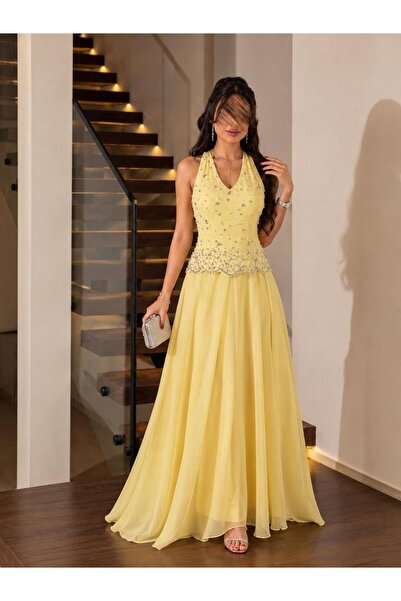 led style Evening & Prom Dress - Yellow - Long