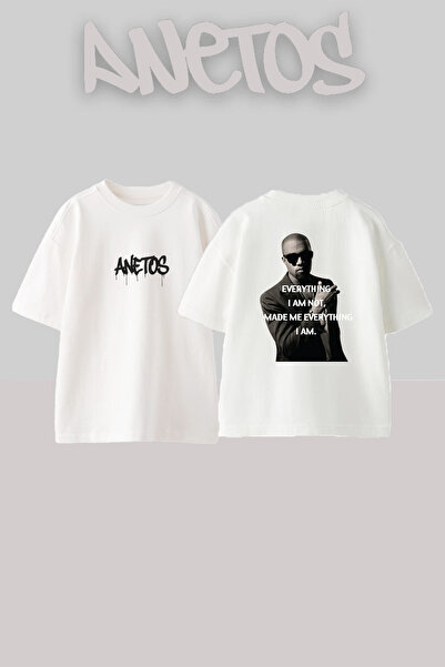 Anetos تي شيرت أبيض كبير الحجم مطبوع بتصميم Kanye West_36 للجنسين