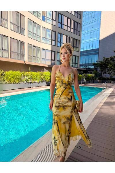 BELLAROBE Palm Tree Patterned Strappy Double Breasted Collar Slit Women's Dress