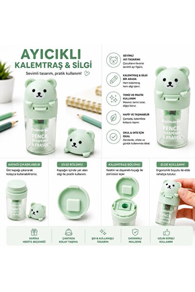 Zizu Ayıcık Figürlü Pastel Renkli Kalemtıraş Silgi 2 si 1 arada