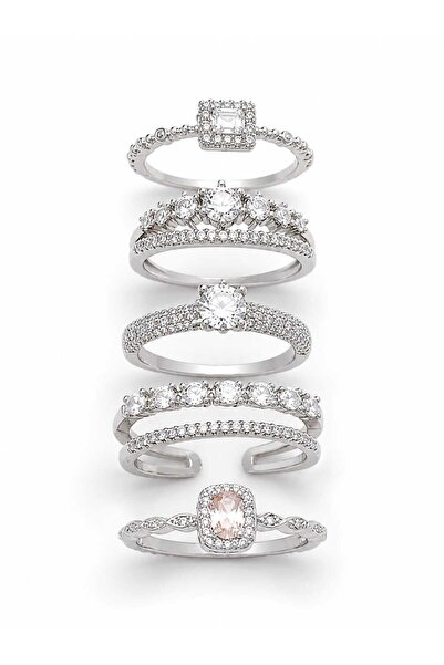 Nevara Women's Silver 5 Piece Zirconia Rings - Stylish Ring Set in Various Si...