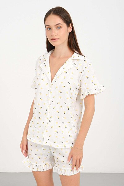 C&City Bürümcük Textured Buttoned Shorts Set Floral