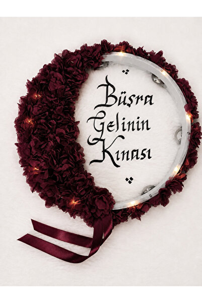 ELYNA Bordo Ledli Gelin Defi, Çiçekli 32cm, Kına Düğün Sünnet Düğünü Tefi