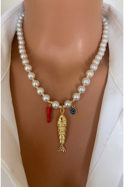 TARZ-I TAKI Pearlescent Glass Pearl Steel End Fish Pendant in Gift Box Does Not Tarnish Does Not Cause Allergies in Special Gift Box