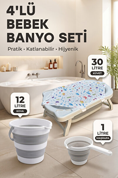 Vivenda 4'LÜ Bebek Yıkama Seti Kaymaz Taban, Katlanır Akordiyon Bebek Banyo Seti