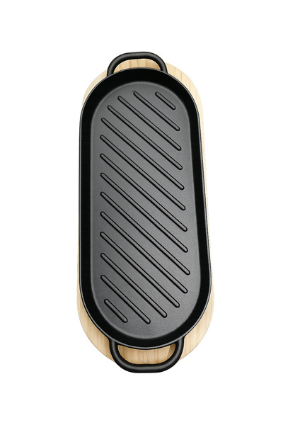 wei Tigaie Grill din Fontă cu Platou din Lemn – 36 × 16 cm