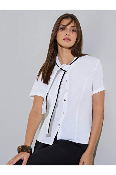 Styli White Short Sleeve Blouse with Neck-Tie Detail