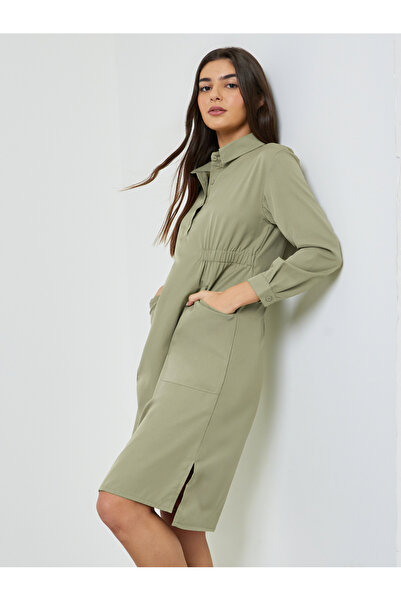 Take Two By Styli Plus Size Khaki Ruched Knee-Length Shirt Dress
