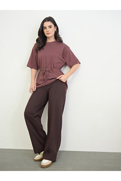 Styli Brown Wide Leg Joggers with Drawstring