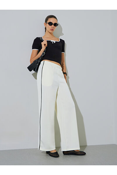 Styli Cream Wide Leg Joggers with Side Seam Piping