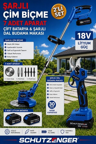 SCHUTZENGER Rn851 ÇİFT BATARYALI ŞARJLI DAL BUDAMA BAĞ MAKASI VE ÇİM OT BİÇME...