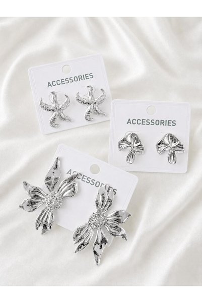 İlraysa 3 Pairs Earrings Set Floral Leaf Earrings