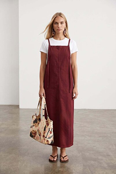 Trend Alaçatı Stili Women's Burgundy Adjustable Strap Long Jean Dress Alc-X15573