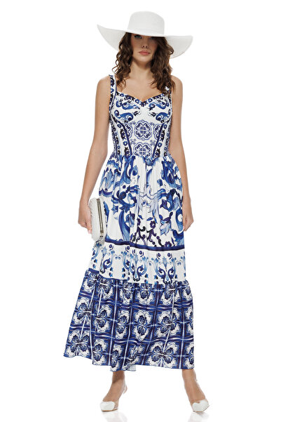 Fofy Rochie de vara decoltata lunga cu imprimeu mediteranean Majolica cupe bu...