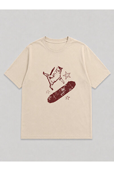 ZİYMO Unisex Y2K Skateboarder Cat Printed Oversized T-Shirt