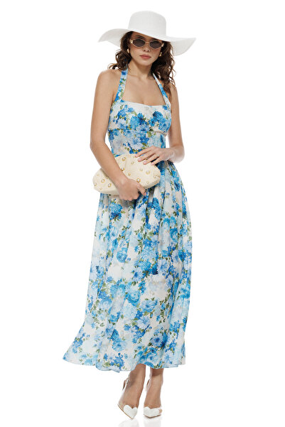 Fofy Rochie de vara din bumbac imprimeu floral alb cu albastru cupe buretate