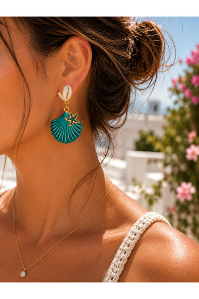 GM Jewelry Deniz Kabuğu Figürlü Sallantılı Kadın Küpe Petrol Yeşili