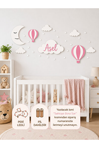 Windly Concept Kişiye Özel LED Işıklı Bulut İsimlik Ay Balon Bebek Odası Duva...