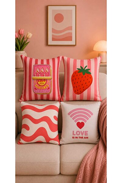 Sakallı Set of 4 Pink Sardine & Strawberry Patterned Digital Printed Decorati...