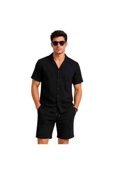 Barinoska Men's Summer Crepe Fabric Short Sleeve Shirt Elastic Pocket Shorts ...