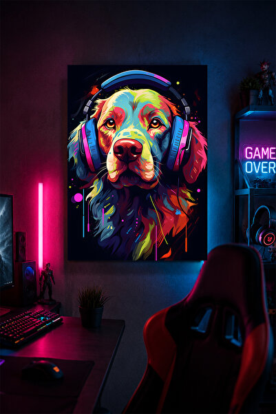 Lucena Tablou metalic cu câine cu căști de gaming, decor pentru cameră de gam...