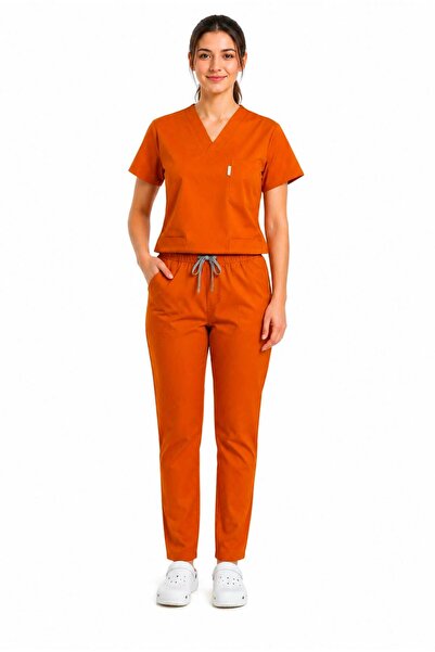 SKORMED Set de uniforme medicale UNISEX portocalii – Material elastic, decolt...