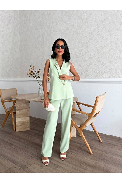 Bella Breeze Women's Vest Pants Gold Button Detailed Stylish Two-Piece Set