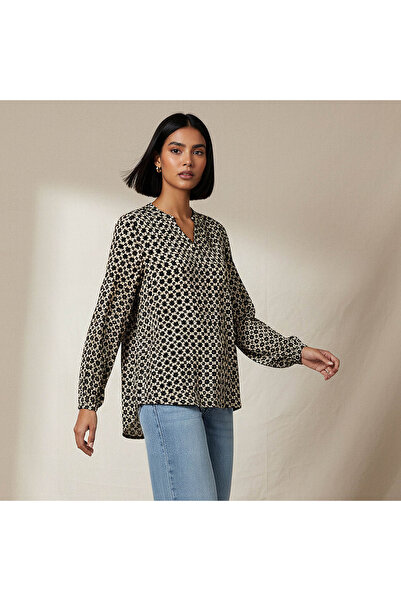 FAV Regular Fit Viscose Mandarin Neck Top with Geometric Print