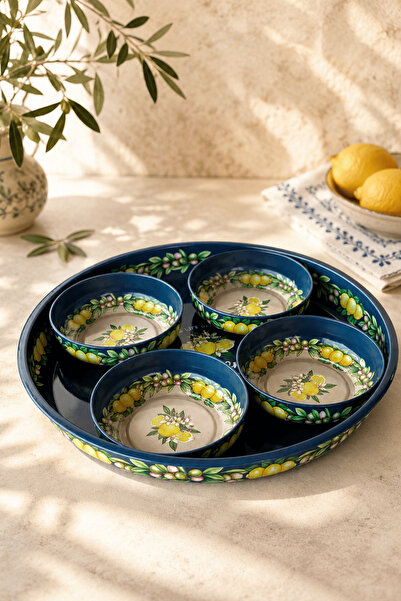 Sarkap Home 26 cm Lemon Design Lacivert Meyve Tabağı ve 4'lü Çerezlik Seti