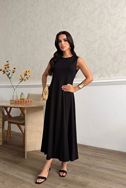 moda poni Women's Modal Fabric Black Sleeveless Long Dress