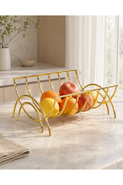 mba decor metal bending art Gold Tel Meyvelik 5 mm İçi Dolu Tel Dekoratif Tezgah Üstü Meyve Sepeti 24x12x14 cm