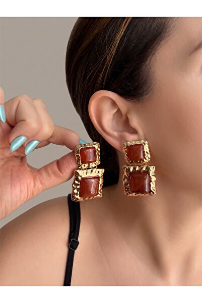 Pelin Aksesuar Brown Square Stone Gold Color Geometric Earrings