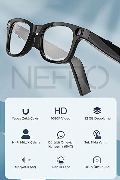 NEFFO Akıllı Yapay Zeka Kameralı Gözlük Bluetooth Telefon Görüşmesi Müzik Dinleme AI Smart Glasses