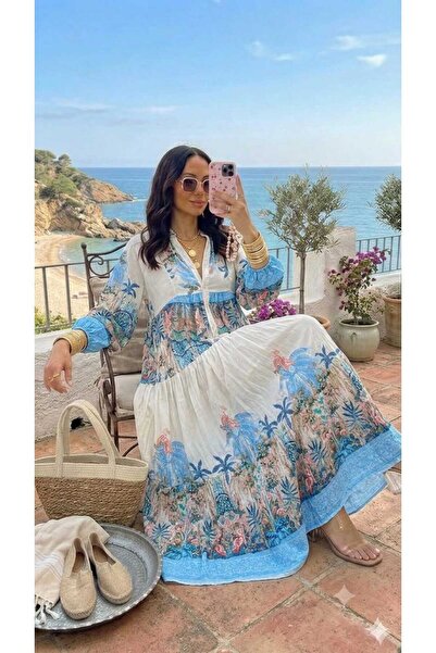 QUAWEAR V-Neck Patterned Viscose Fabric Full Length Dress