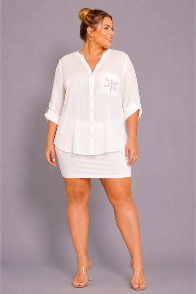 GRANDİ Large Size V-Neck Buttoned Stone Embroidered Capri Sleeve Pocket Thin ...