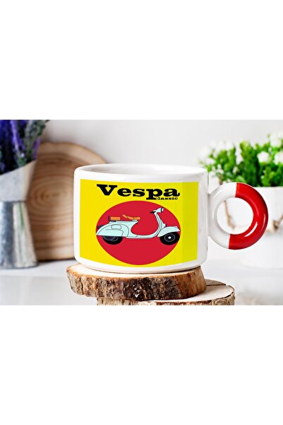ART HEDİYE Vespa Classic Two Sides Printed Red Handle Luxury Nes Cafe Cup