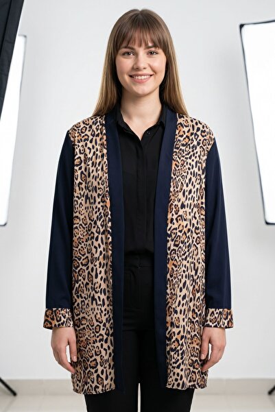 Maya Butik Black Shawl Collar Jacket with Leopard Trim on the Front