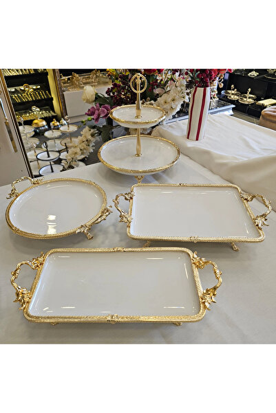 MaviDamla Cast Iron Edged Frame Porcelain Presentation Set with Stands Gold 4...