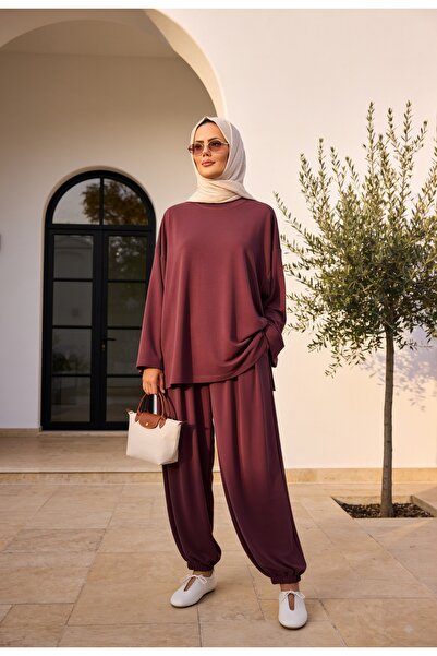 Aselim Hijap Moda Pike Modal Şalvar Pantolon Model Oversize Takım – Mürdüm