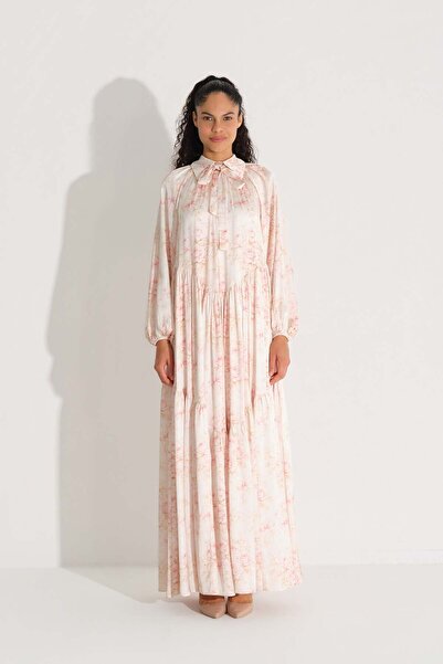 miha Hicran Önal Chiffon Satin Dress with a Bow at the Collar Salmon