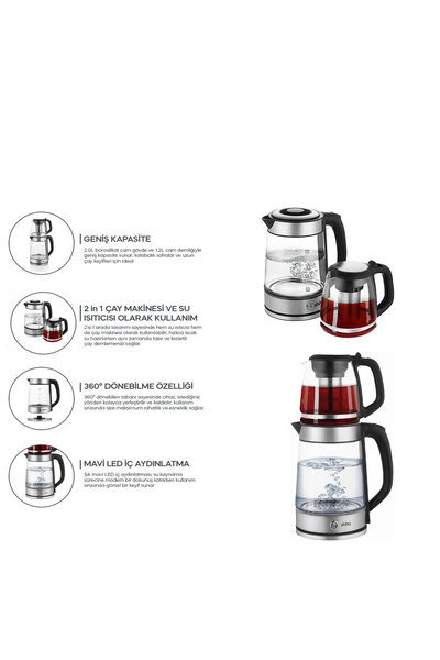 2İN1= ÇAYCI - KETTLE ÇELİK ELEKTRİKLİ ÇAY MAKİNESİ 2LT + 1,2LT ÇAY SÜZGEÇLİ 360° DÖNEBİLİR STM-5990