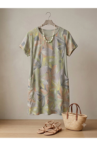 MADE İN ITALY Italian Patterned Linen Textured Women's Casual Dress with Pockets