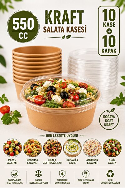 Kitchen Beauty 10 Adet Büyük Boy Kraft Bowl Salata Diyet Kasesi Kapaklı 550 c...