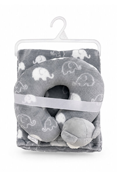 Baby Gift Baby Blanket Set with Neck Pillow and Soft Pillow - Gray with Eleph...