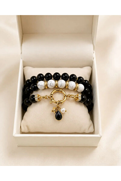THE GEM STORIES JEWELRY Πολύστρωτο βραχιόλι από μαύρο και λευκό μάρμαρο