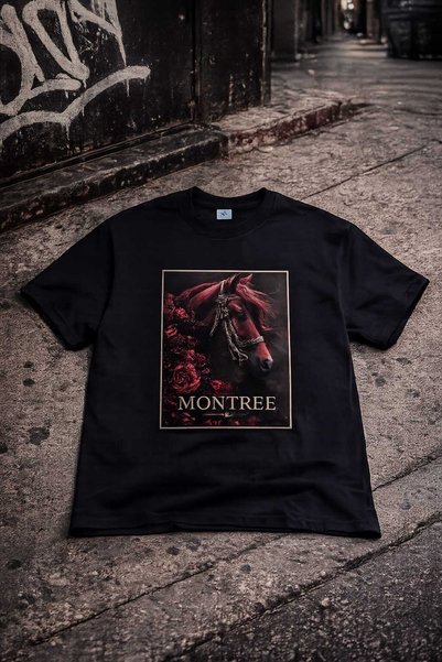 MONTREE تي شيرت نسائي كبير الحجم مطبوع عليه حصان باللون الأحمر الداكن مصنوع م...