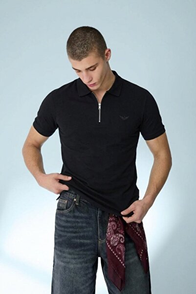DAMGA JEANS Ανδρικό casual μαύρο φαρδύ μπλουζάκι με λαιμόκοψη πόλο