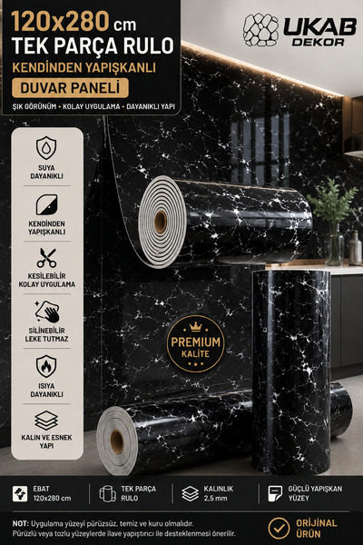 UKAB DEKOR 120x280 Cm 1 Adet Siyah Lüks Dekoratif Kendinden Yapışkanlı Esnek ...